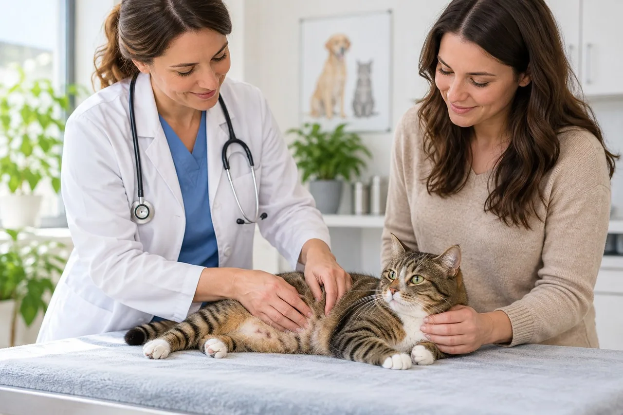 Veterinarian examining a tabby cat while its owner supports it